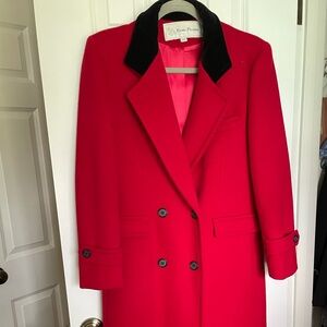 Vintage Evan Picone Red Wool Black Velvet Collar Long Coat Medium